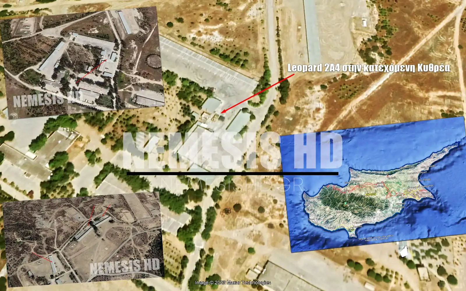 Satellite views of the camp in occupied Kythrea, with a red arrow marking where the Turkish Leopard 2A4 tanks were stationed, and a map of Cyprus