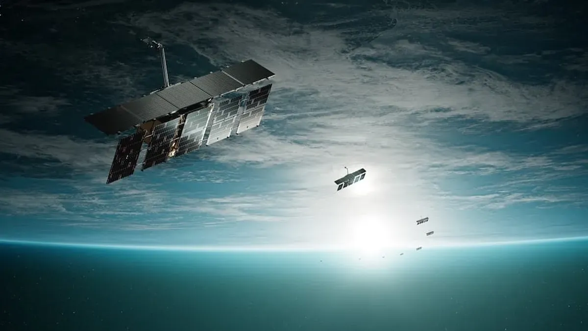 A digital rendering of an ICEYE satellite in orbit
