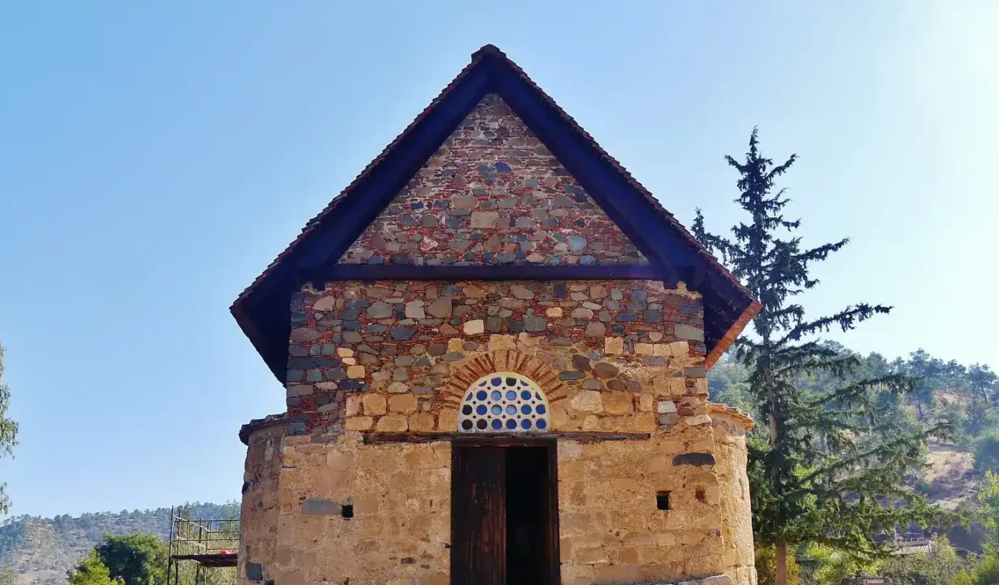 The Byzantine church of Panagia Asinou near Nikitari in the Troodos region of Cyprus, seen from the front