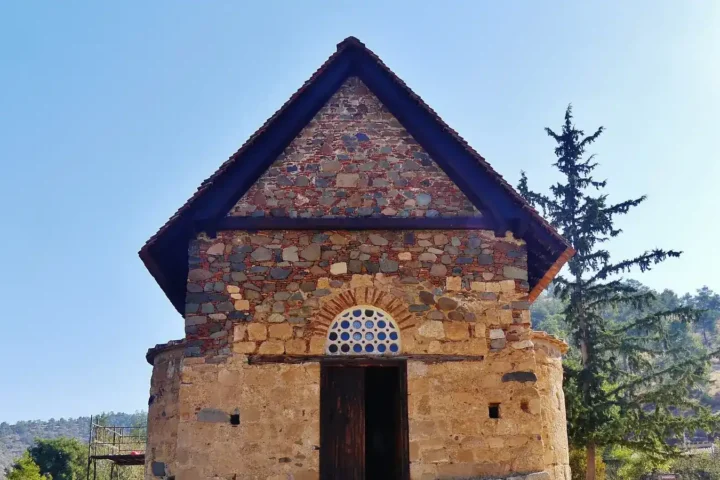 The Byzantine church of Panagia Asinou near Nikitari in the Troodos region of Cyprus, seen from the front