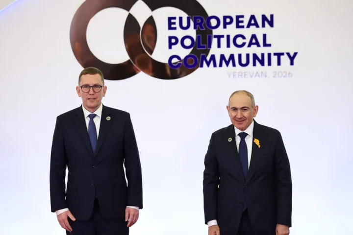 Nikol Pashinyan next to the Estonian prime minister in front of the logo of the European Political Community, Yerevan 2026