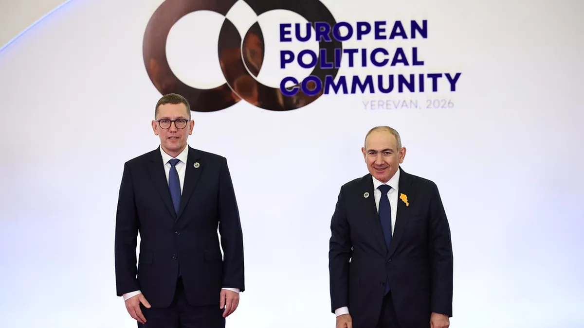 Nikol Pashinyan next to the Estonian prime minister in front of the logo of the European Political Community, Yerevan 2026