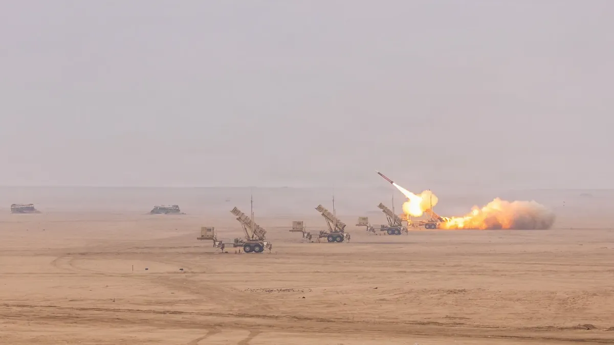 Soldiers of Battery B, 2nd Battalion, 55th Air Defense Artillery Regiment launch a Patriot GEM-T missile from an M903 launcher during exercise Sky Shield in the CENTCOM area of responsibility, December 9, 2025