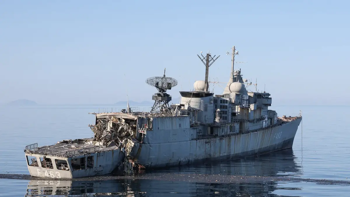 The frigate Bouboulina with strike damage before sinking
