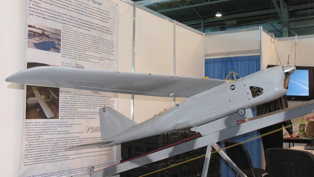 Russian Orlan-10 unmanned aerial vehicle displayed at an aviation exhibition