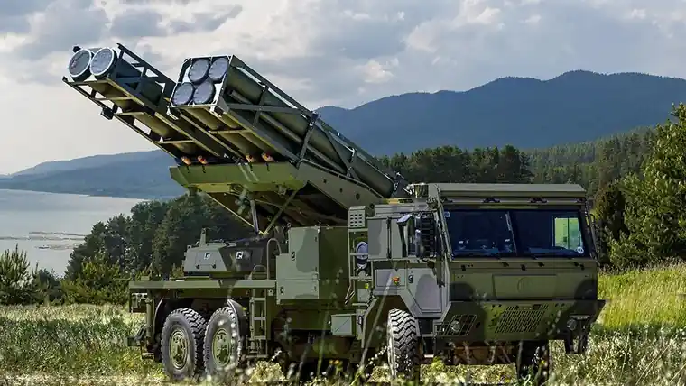 A PULS launcher on an 8x8 truck with both munition pods raised