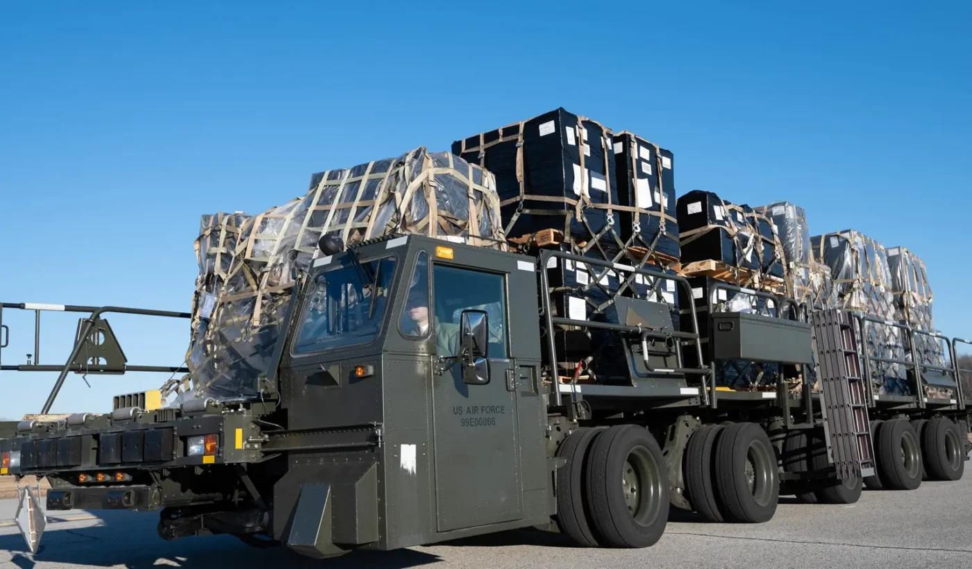Pallets of ammunition, weapons and other equipment for Ukraine on the ramp at Dover Air Force Base, Delaware