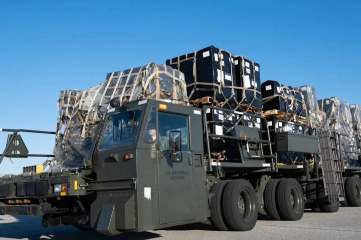 Pallets of ammunition, weapons and other equipment for Ukraine on the ramp at Dover Air Force Base, Delaware