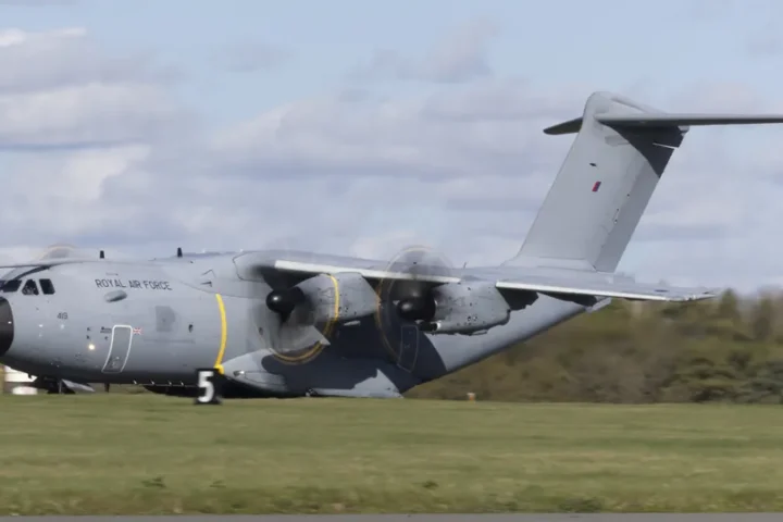 A Royal Air Force A400M Atlas transport aircraft on a runway