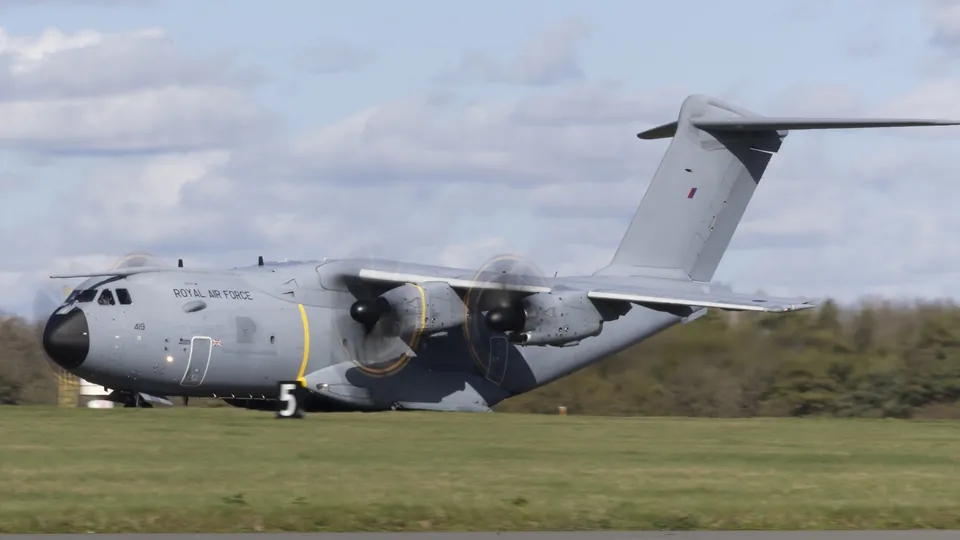 A Royal Air Force A400M Atlas transport aircraft on a runway