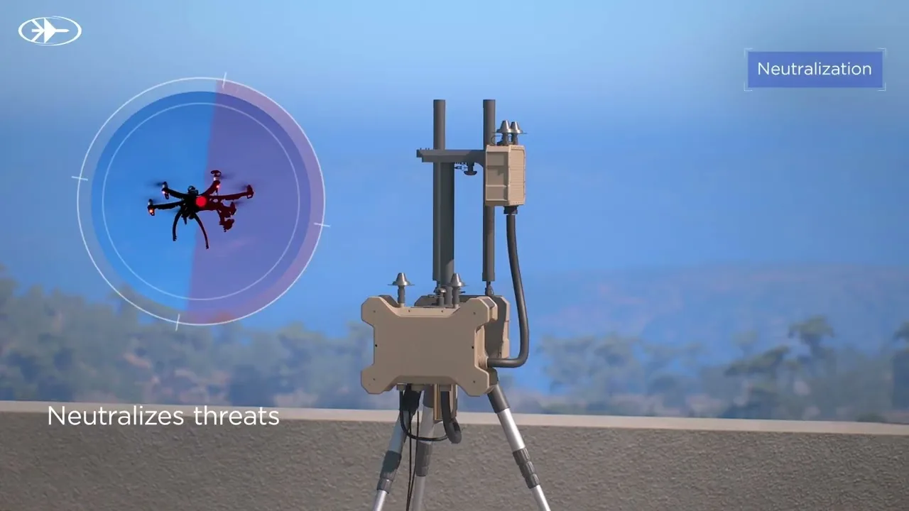 Graphic showing the Drone Dome jammer cutting the link between a drone and its operator
