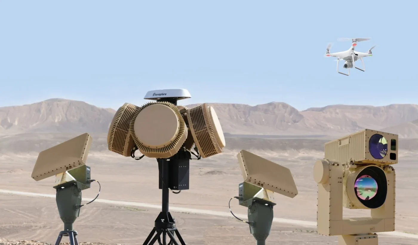 The Rafael Drone Dome counter-drone system with radars, an electro-optical sensor and a jammer