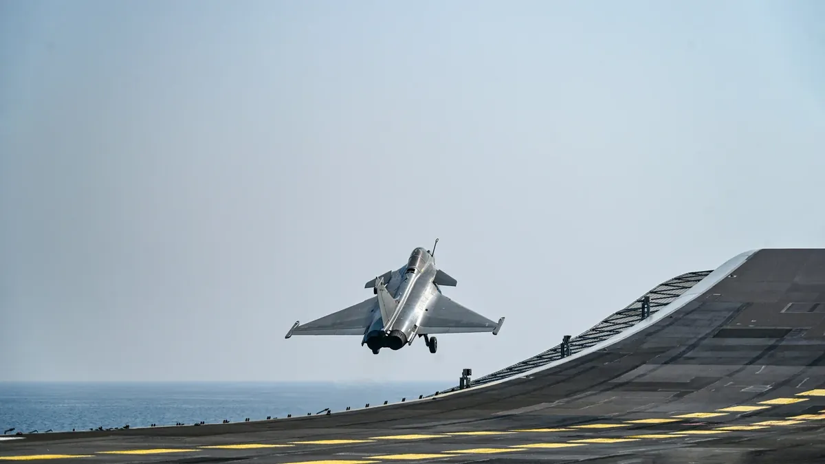 A Rafale Marine fighter takes off from the ski-jump ramp of the aircraft carrier INS Vikrant, October 2026