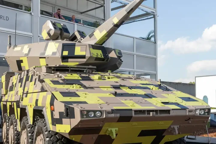 Boxer 8x8 armoured vehicle with a Skyranger 30 air defence turret on display at an exhibition