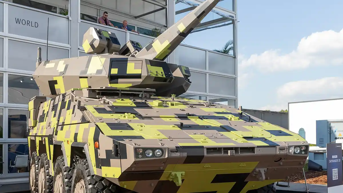 Boxer 8x8 armoured vehicle with a Skyranger 30 air defence turret on display at an exhibition