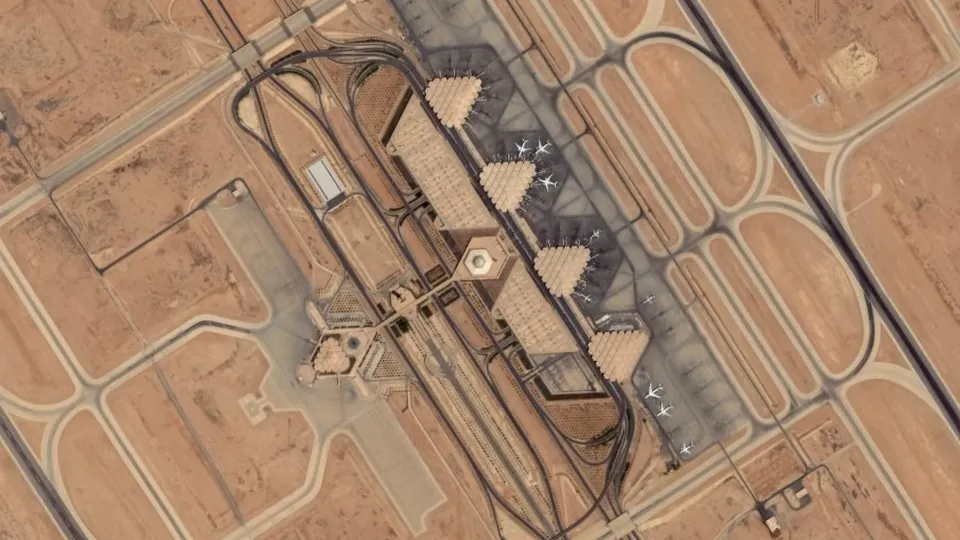 Satellite view of King Khalid International Airport in Riyadh with its terminals and aircraft stands