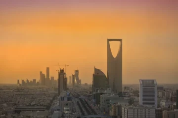 The Riyadh skyline with the King Abdullah Financial District and the Kingdom Centre tower