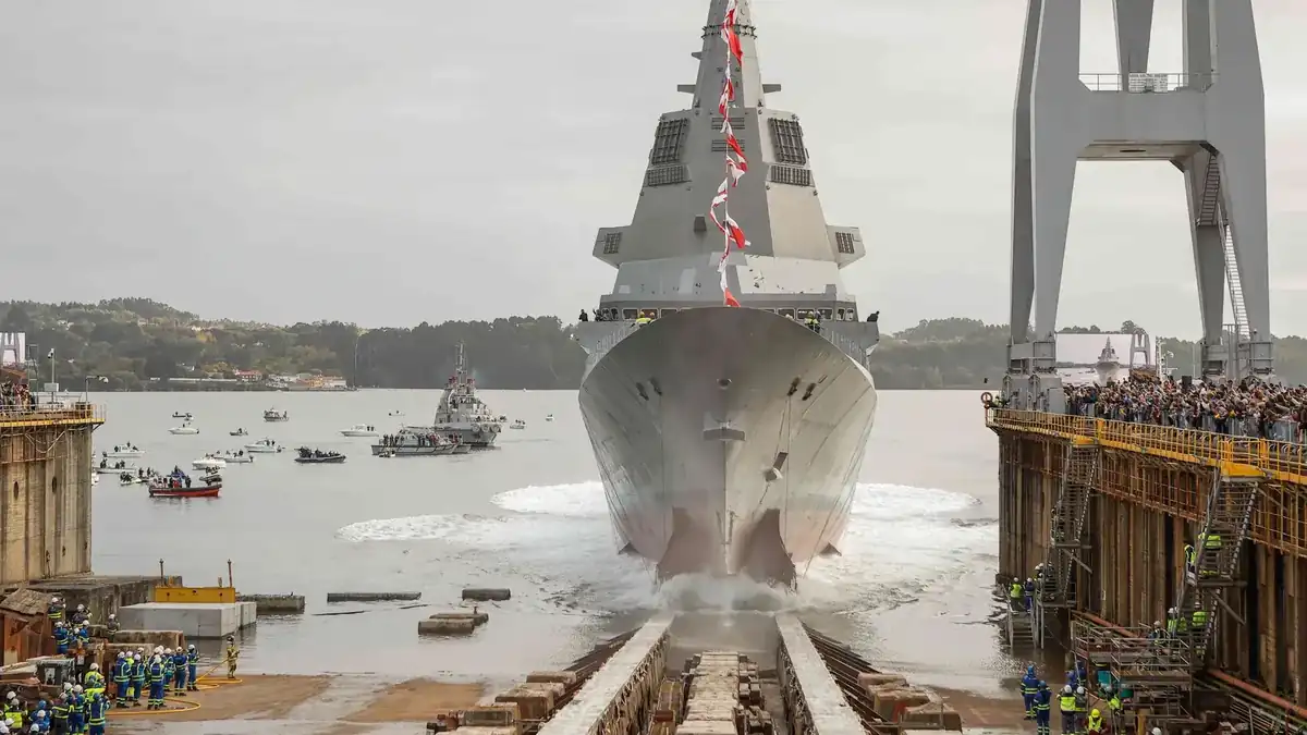 The F-112 Roger de Lauria, second F110 frigate, during its launch at Ferrol