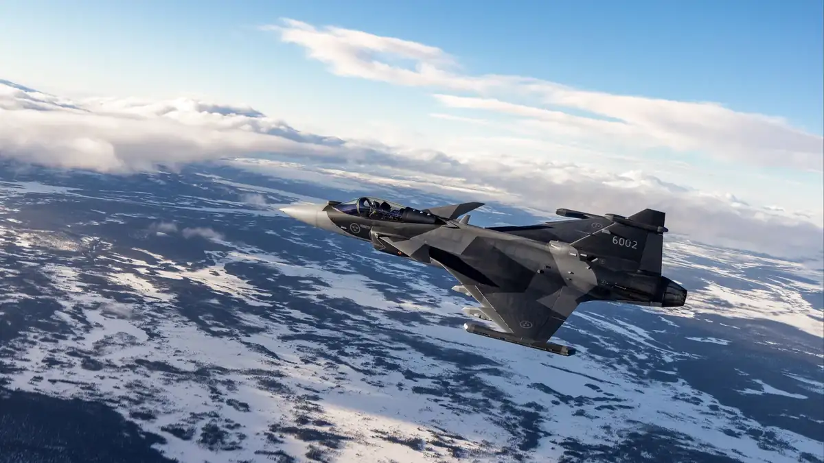 A Saab Gripen E fighter in flight