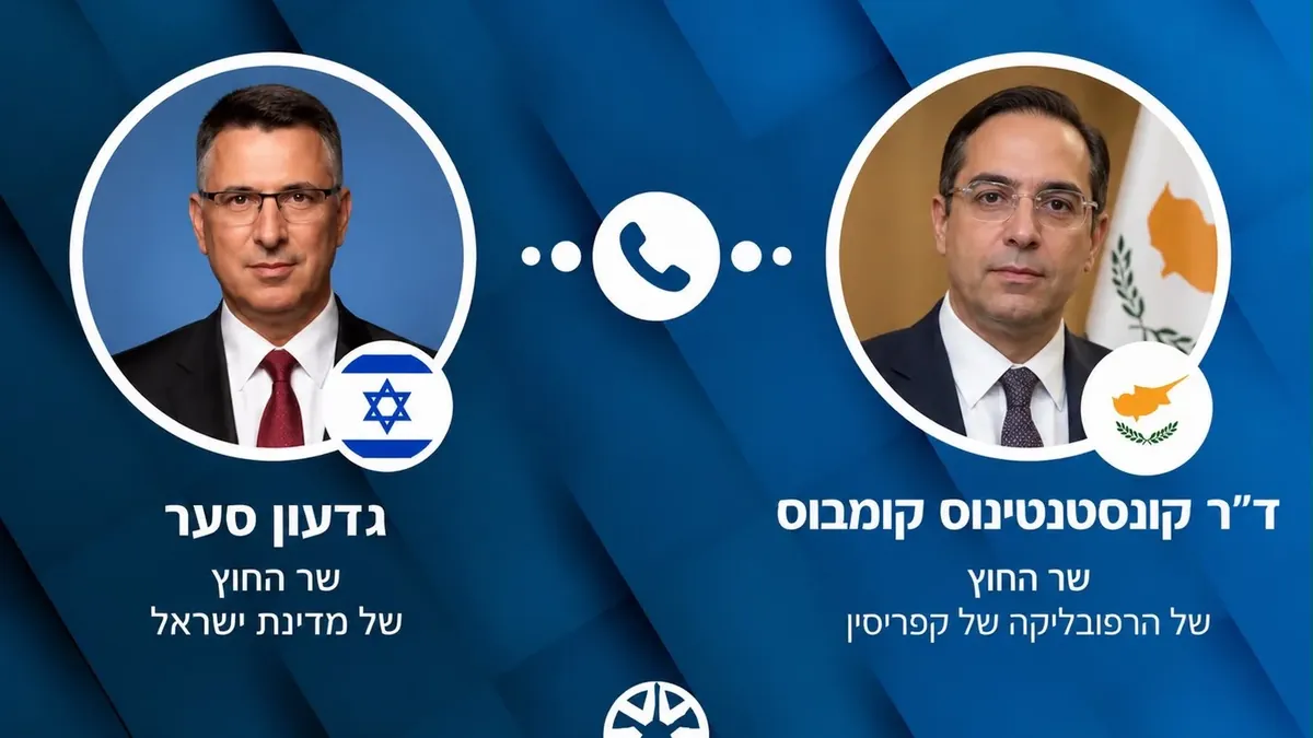 Israeli Foreign Minister Gideon Saar and Cypriot Foreign Minister Konstantinos Kombos on a card announcing their phone call