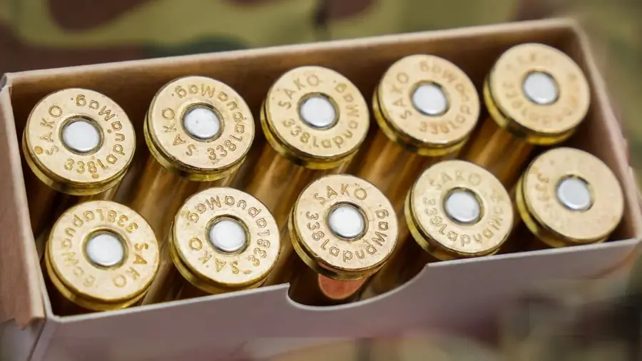 A box of Sako .338 Lapua Magnum cartridges
