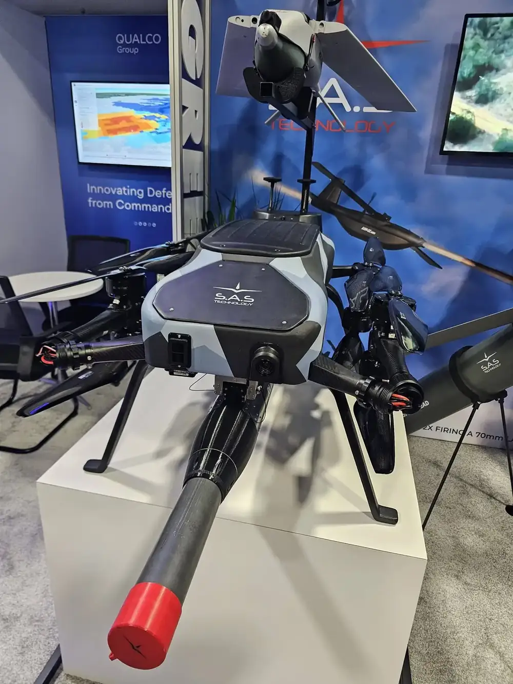SAS Technology’s SARISA multicopter with a 2.75-inch rocket launcher at AUSA 2026