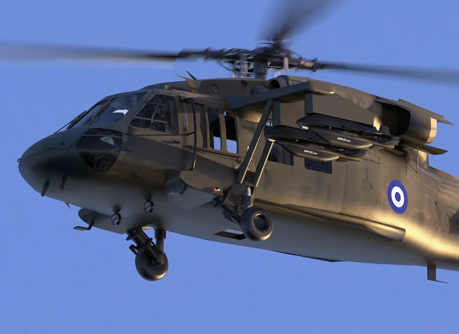 Computer-generated image of a Hellenic Army Black Hawk helicopter carrying AHM-2X loitering munitions on a side pylon