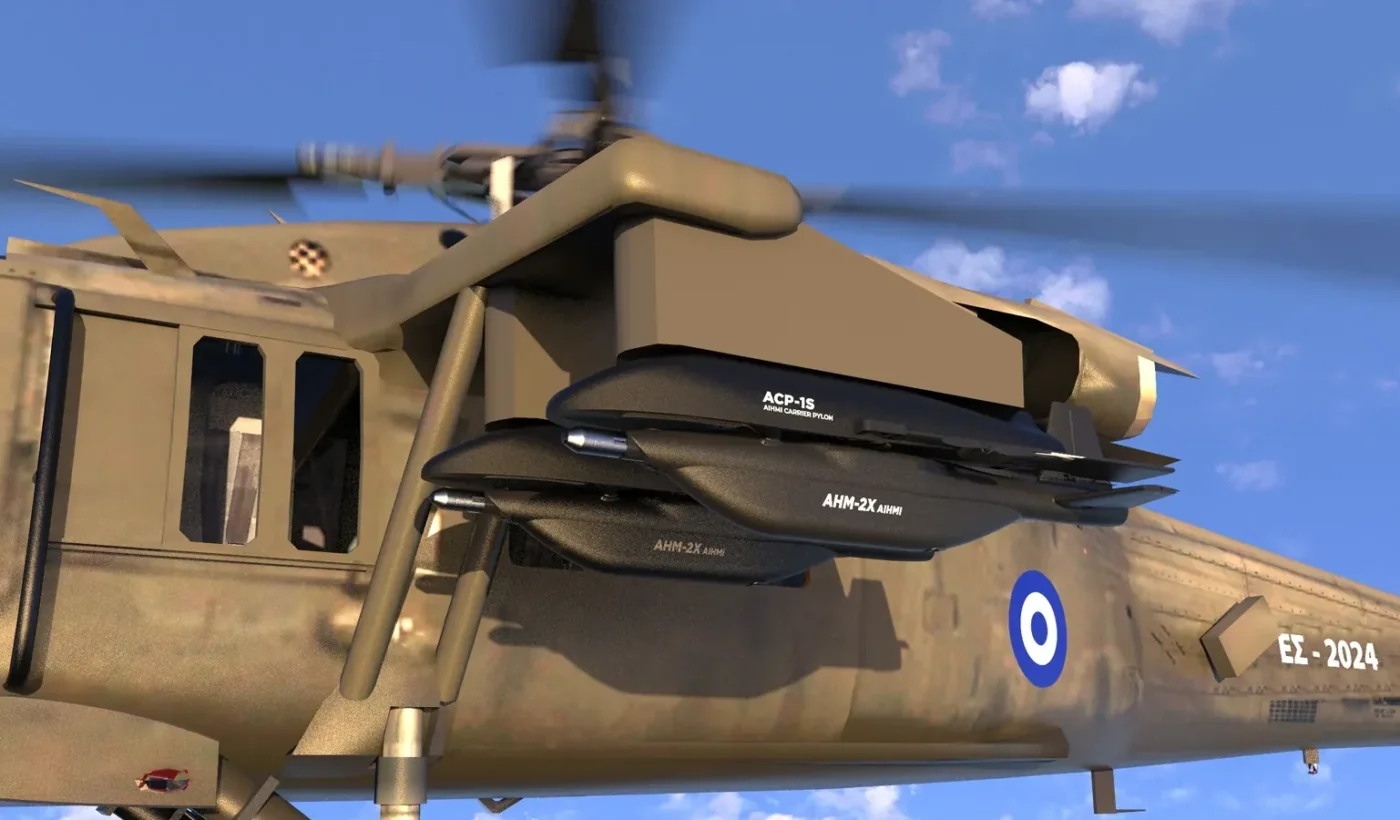 Computer-generated close-up of two AHM-2X loitering munitions under an ACP-1S carrier pylon on a Hellenic Army Black Hawk helicopter