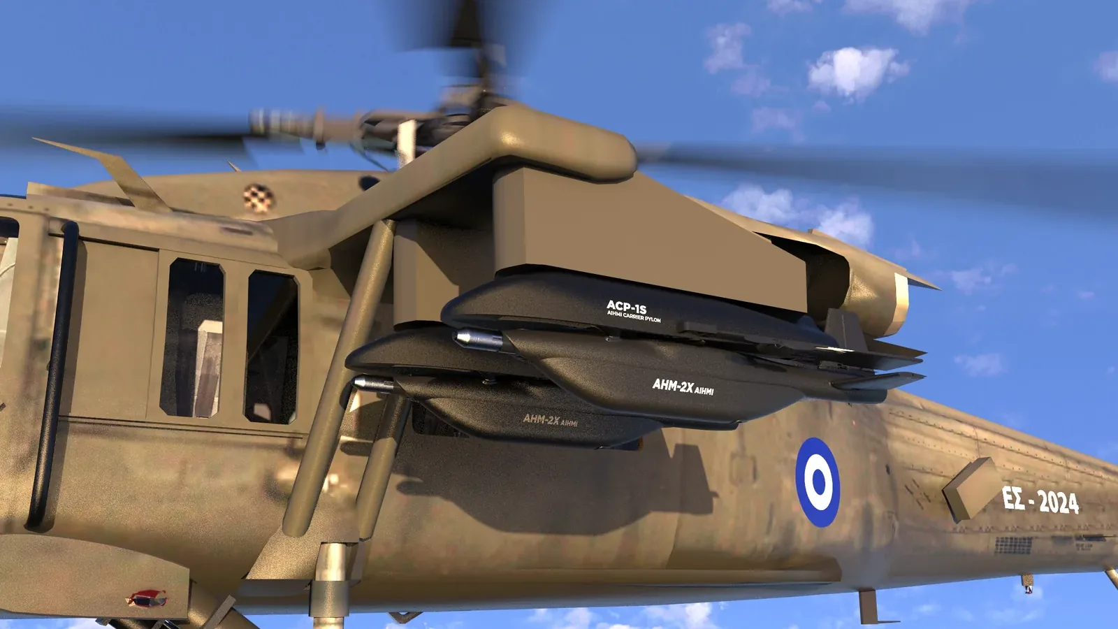 Computer-generated close-up of two AHM-2X loitering munitions under an ACP-1S carrier pylon on a Hellenic Army Black Hawk helicopter