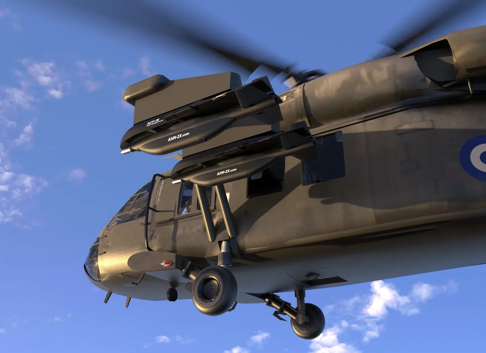 Computer-generated image of a Black Hawk helicopter in Hellenic Army markings with AHM-2X munitions on its side pylon
