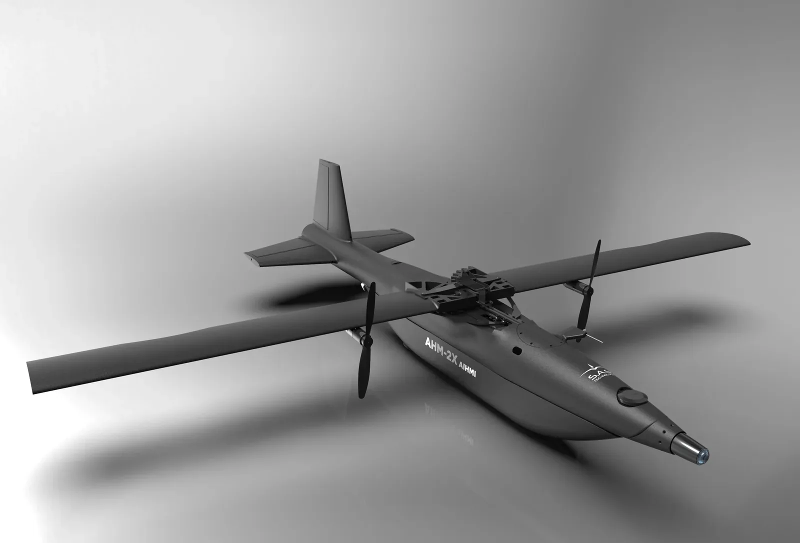 Computer-generated image of the AHM-2X loitering munition with its nose-mounted laser seeker, shown on a grey background