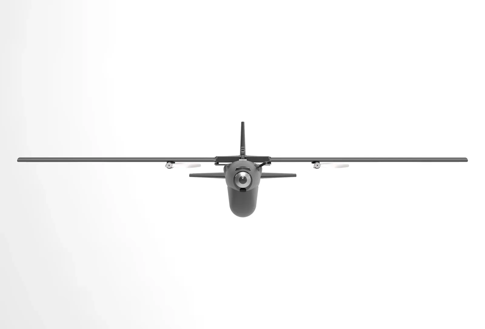 Computer-generated front view of the AHM-2X AIHMI loitering munition showing its wide wingspan on a white background