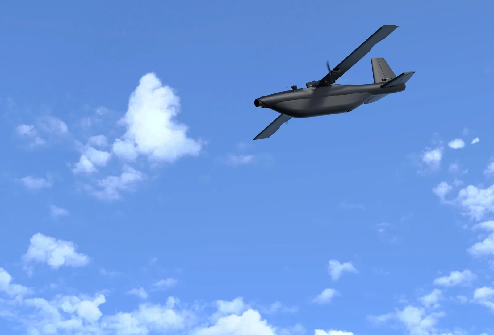 Computer-generated image of the AHM-2X AIHMI loitering munition flying against a blue sky with clouds