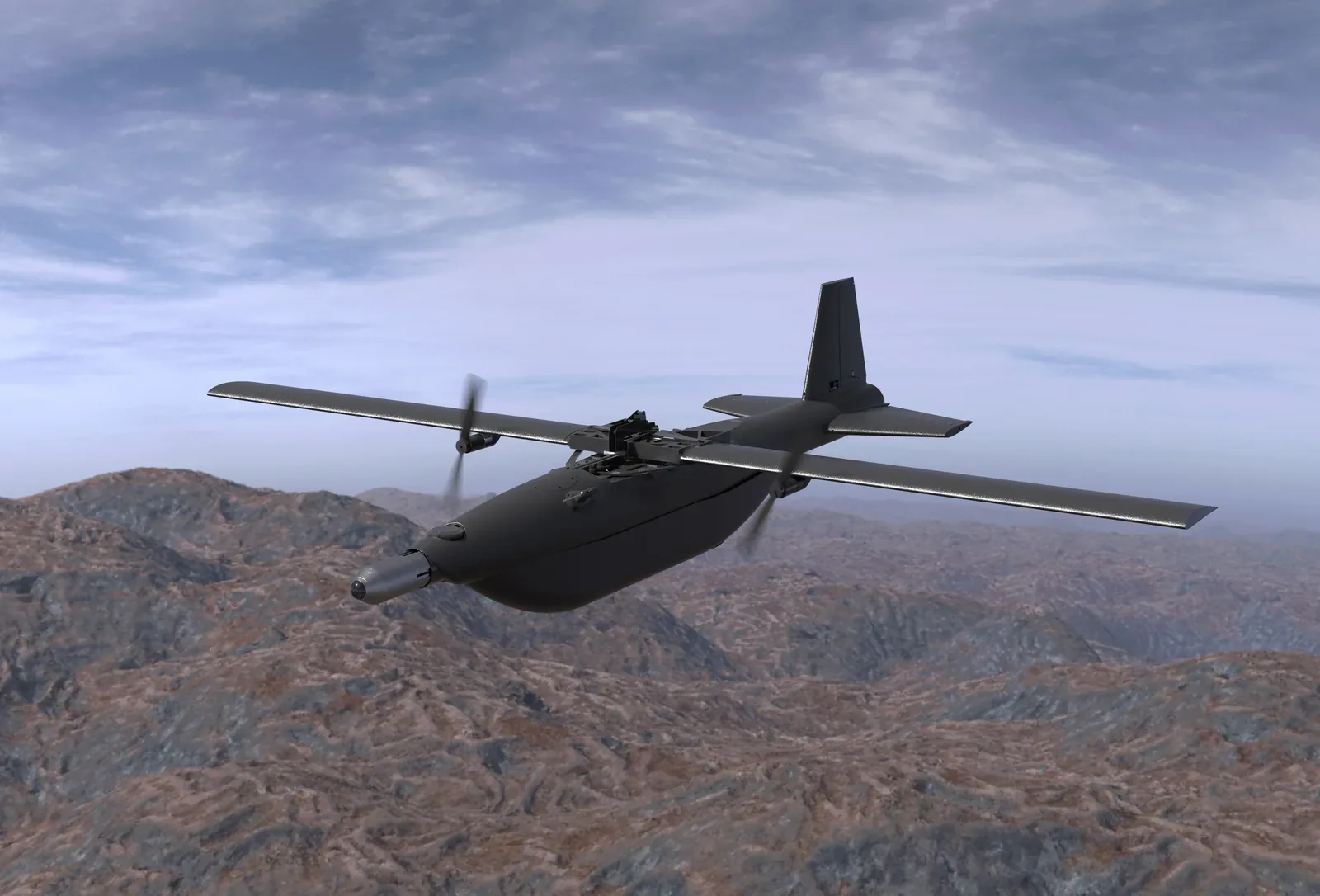 Computer-generated image of the AHM-2X AIHMI loitering munition flying over mountainous terrain