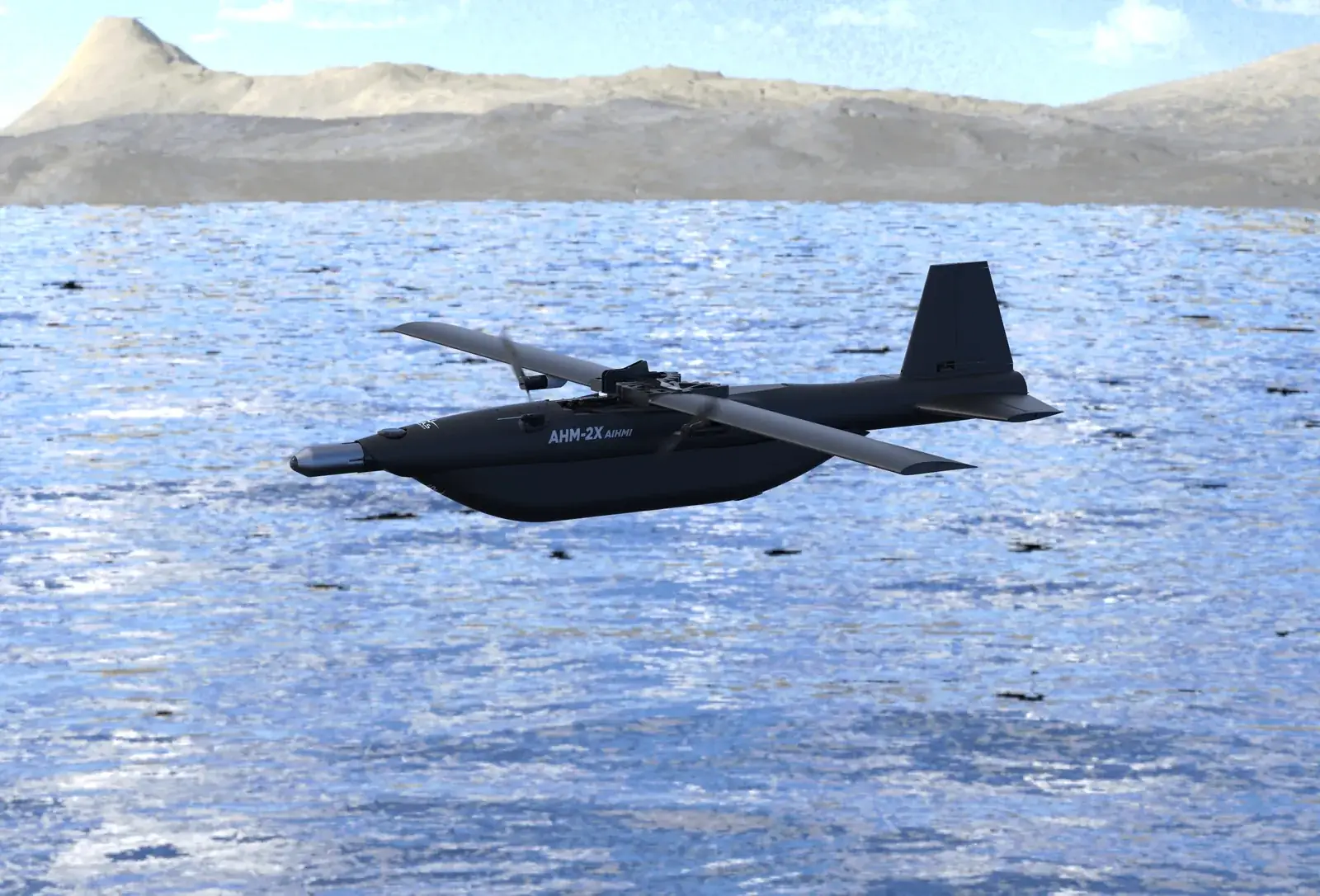 Computer-generated image of the AHM-2X AIHMI loitering munition flying low over the sea with a rocky coast behind