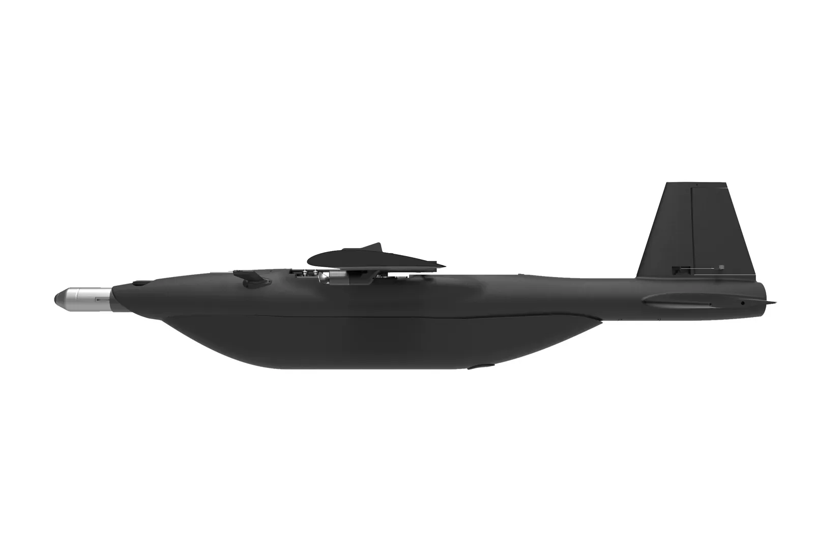 Computer-generated side view of the AHM-2X AIHMI loitering munition on a white background