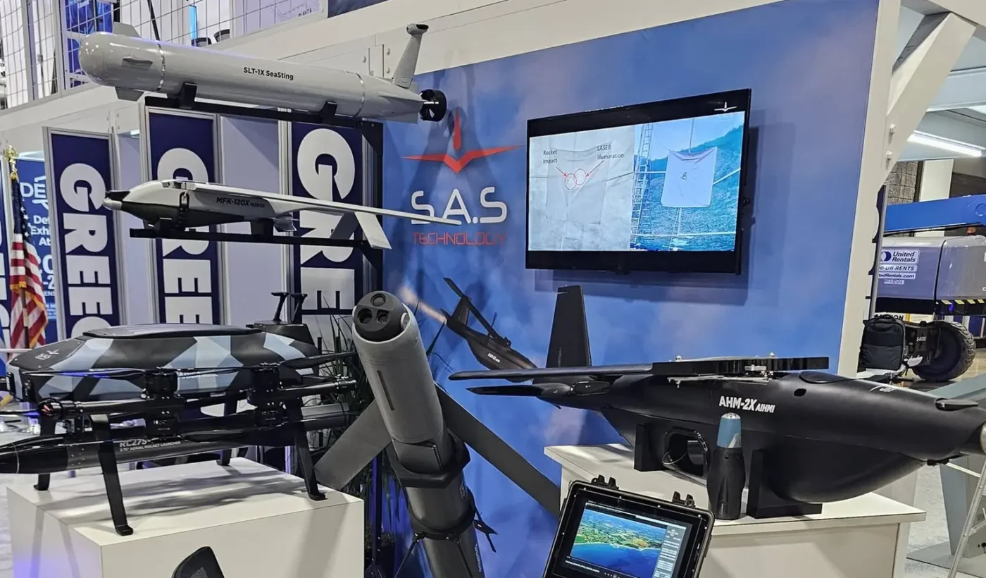 The SAS Technology booth at AUSA 2026 with the SeaSting, the MFK-120X Midros, the SARISA with a rocket launcher, the AHM-2X AIHMI and the Spearhead on a tripod
