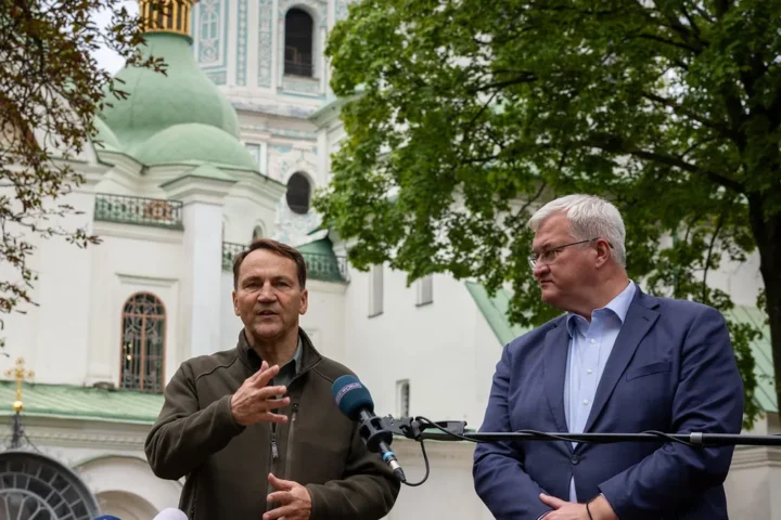Polish Foreign Minister Radosław Sikorski at a press conference in front of St. Sophia Cathedral in Kyiv