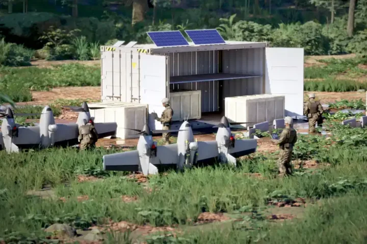 Computer rendering of four VTOL drones parked beside an open shipping container, with soldiers working around them