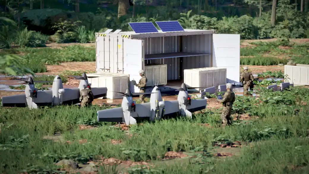Computer rendering of four VTOL drones parked beside an open shipping container, with soldiers working around them