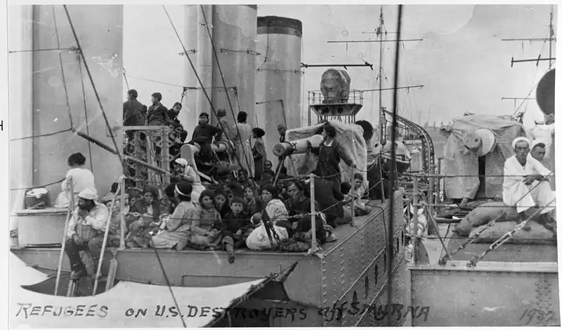 Greek refugees crowded on the deck of a US Navy destroyer off Smyrna in September 1922