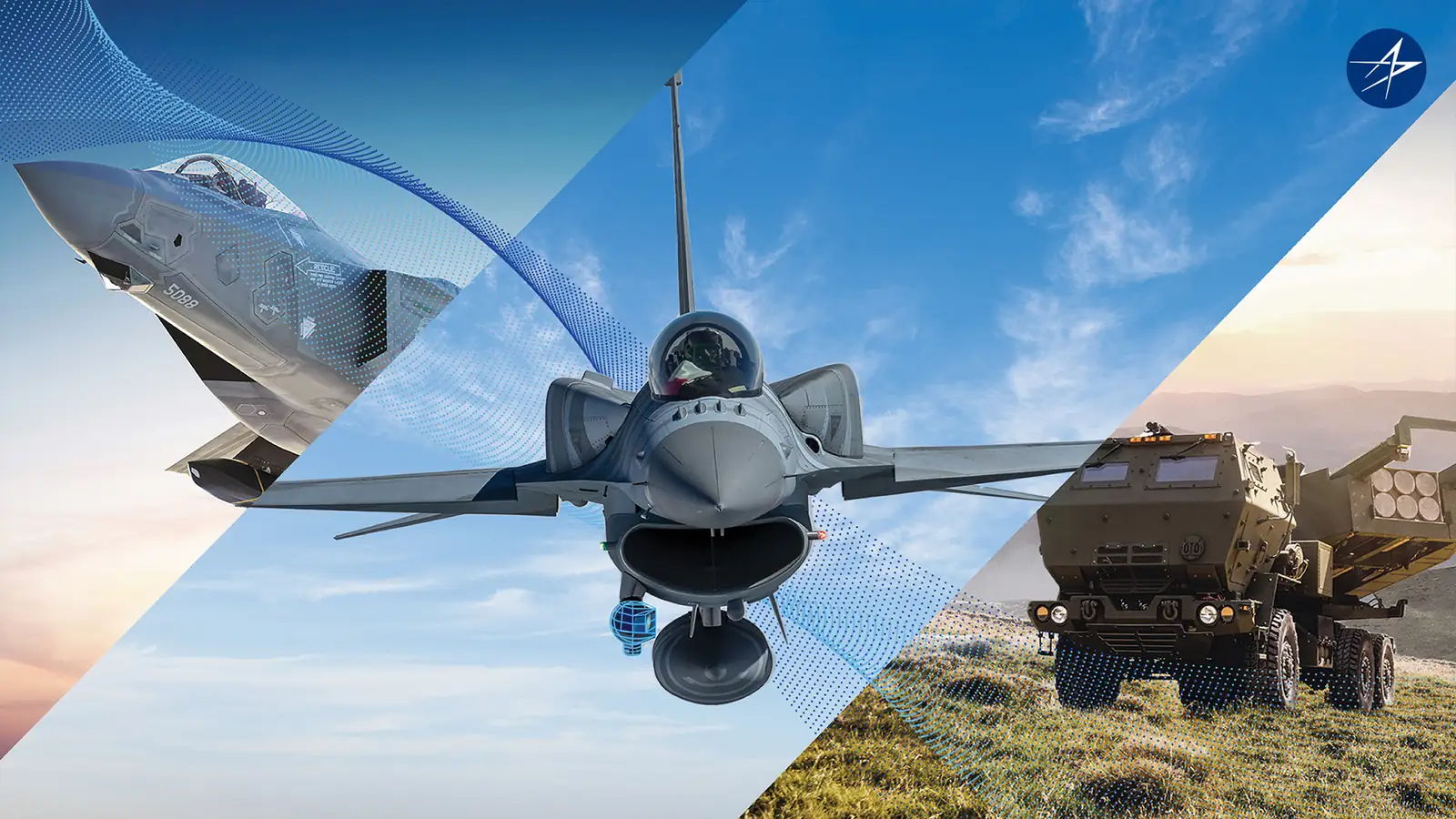 Lockheed Martin illustration of an F-16 carrying a Sniper targeting pod, with an F-35 at upper left and a HIMARS launcher at lower right