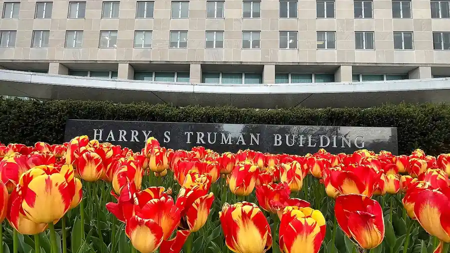 The facade of the Harry S. Truman Building, home of the US State Department in Washington