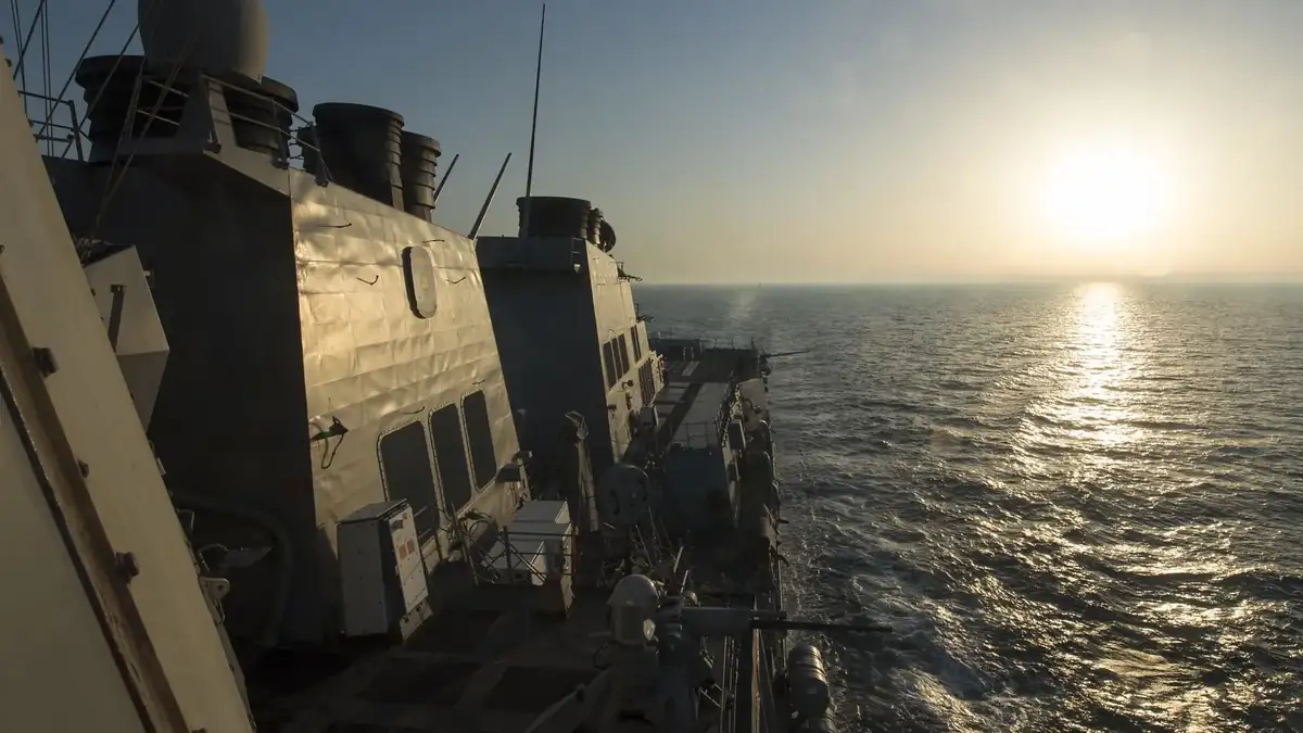 The destroyer USS Bulkeley sailing through the Strait of Hormuz