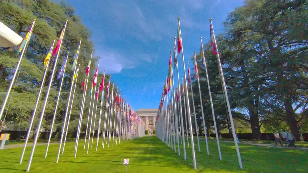 Flags in the garden of the Palais des Nations, the United Nations office in Geneva