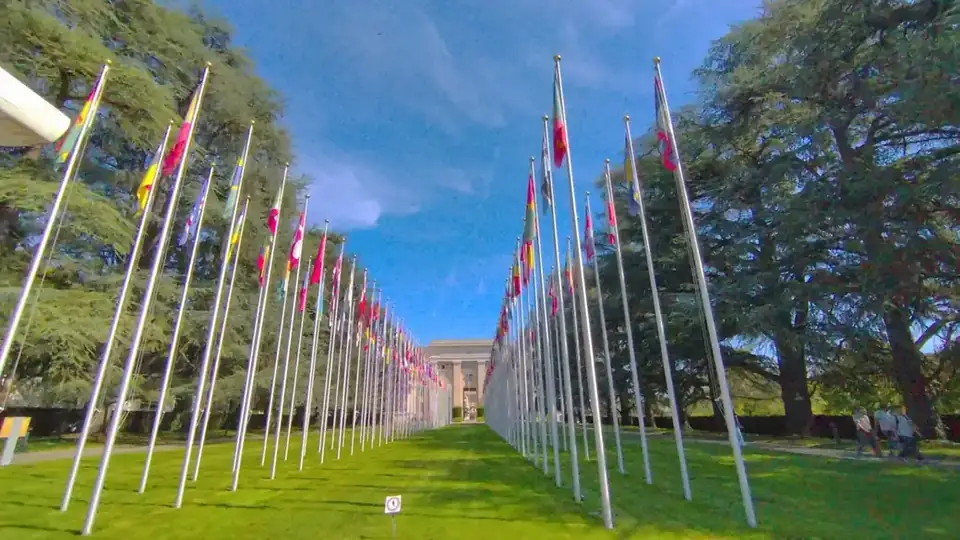 Flags in the garden of the Palais des Nations, the United Nations office in Geneva