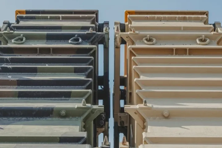 Close view of the missile canisters of a US Army Patriot launcher in Poland, September 2024