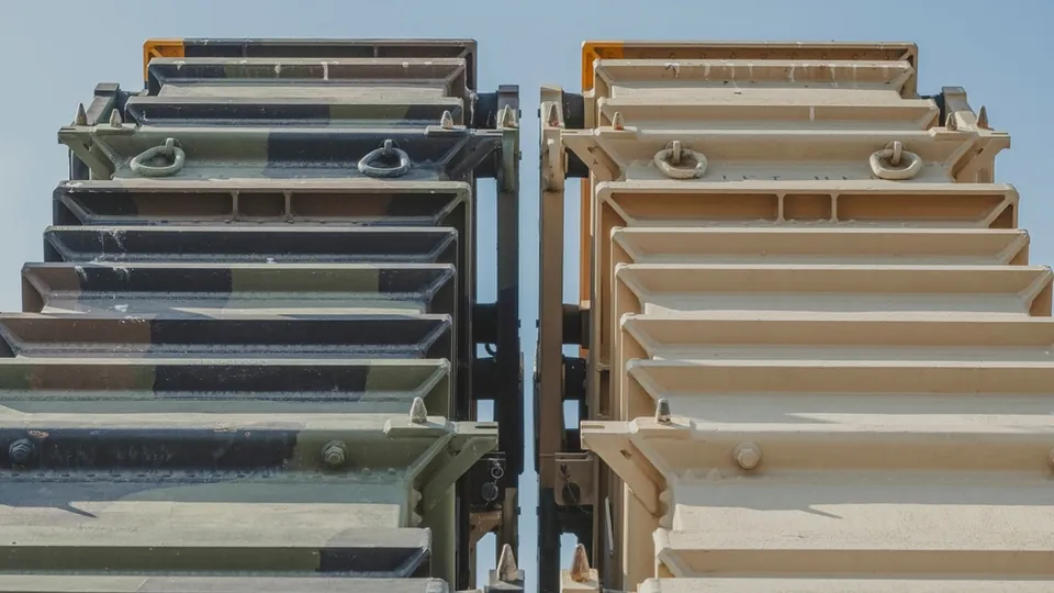 Close view of the missile canisters of a US Army Patriot launcher in Poland, September 2024