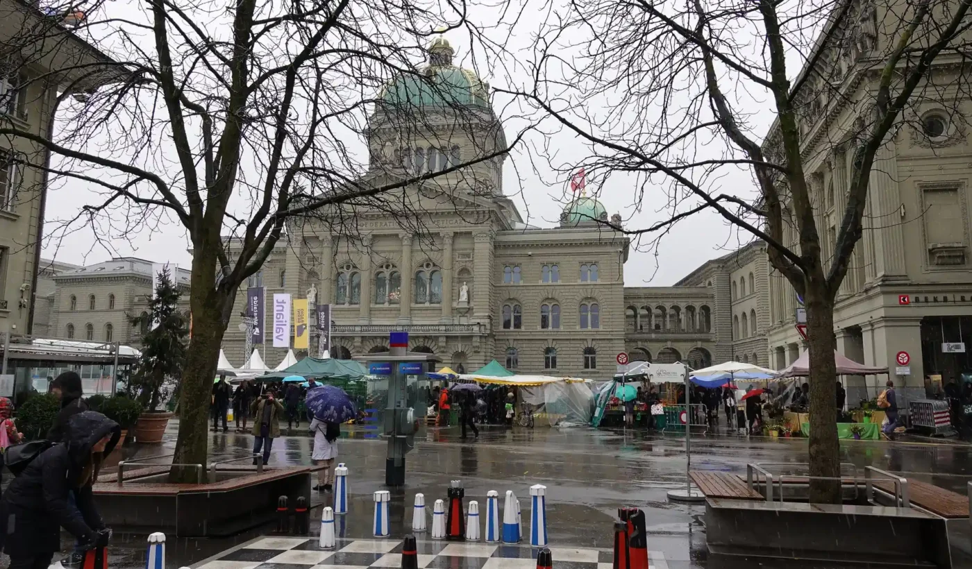 Federal Palace in Bern, Switzerland, photographed in 2017; illustrative image for the neutrality referendum.