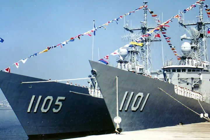 Two Republic of China Navy Cheng Kung-class frigates at sea